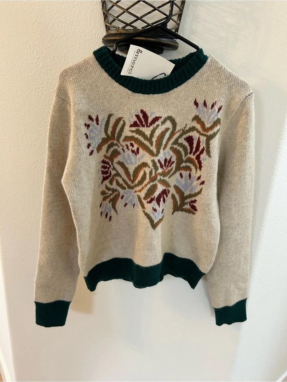 & Merci Floral Crewneck Sweater with Green Trim. Sz Small